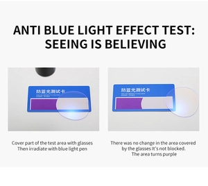 Blue light blocking test showing clear lens protection against violet laser on test card