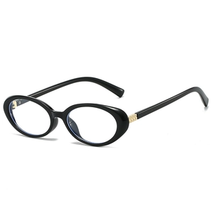 Retro oval black optical glasses with gold hinge detail and blue light blocking lenses