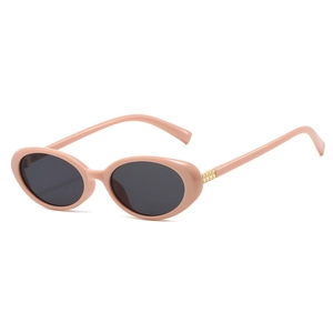 Retro oval sunglasses for women with pink frames and gold pyramid temple accents