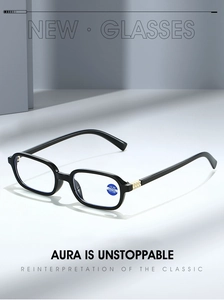 Detail of black rectangular reading glasses frame with gold rivets and +2.00 lens