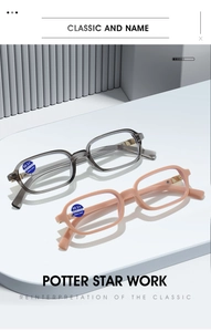 Close-up of stylish grey and pink square frames with blue light blocking lenses