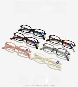 Macro view of six classic square reading glasses in various colors with +2.00 lenses