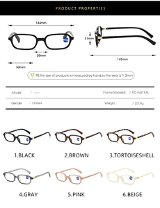 Detailed size chart and multi-color options for square anti-blue light reading glasses