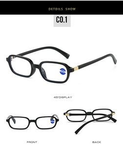 Detailed view of square black frame reading glasses with +2.00 anti-blue light lens