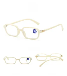 Detailed multi-angle view of cream square reading glasses with +2.00 blue light blocking
