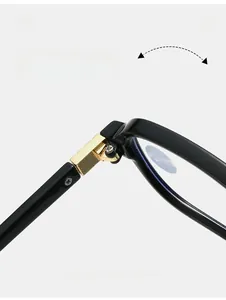 Detail of durable golden metal hinge on square black anti-blue light reading glasses