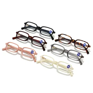 Square blue light blocking reading glasses in six assorted colors on white background