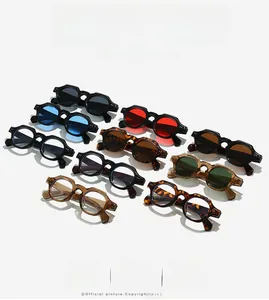 Collection of retro round thick frame sunglasses in various colors on white backdrop