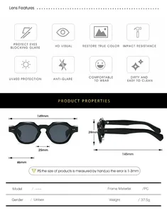 Detailed size chart for retro round frame sunglasses with UV400 lens and PC frame