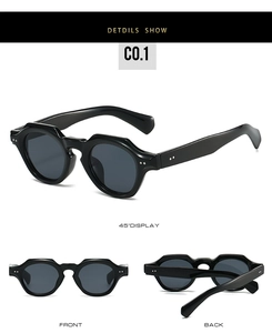 Front and side views of thick retro round frame sunglasses with silver rivet accents