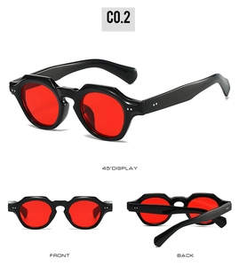 Detailed multi-angle view of vintage thick black frame sunglasses with red lenses