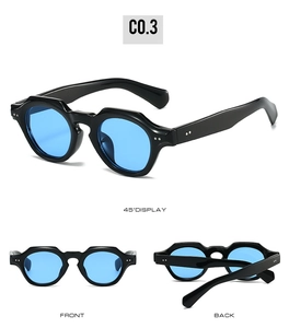 Three-way view of retro black frame sunglasses with sky blue lenses and metal rivet details