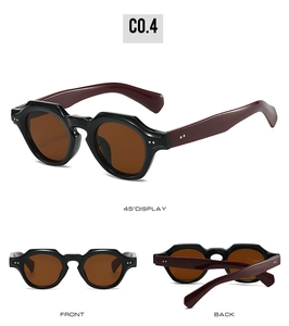 Three perspectives of retro round sunglasses with black frame and wine red temples