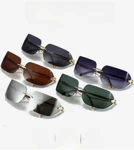Detailed view of frameless rimless sunglasses with metal snake-shaped legs in various colors