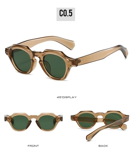 Retro round frame sunglasses with green lenses and metal rivets in a three-view display