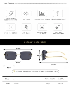 Detailed dimension guide and functional features of rimless snake-temple sunglasses