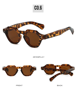 Three-way view of retro tortoiseshell sunglasses with brown lenses and metal rivets