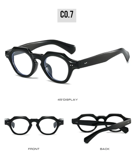 Three-way view of retro thick round sunglasses with metal stud accents and glossy finish