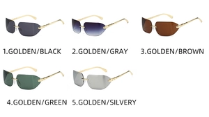 Detail view of rimless sunglasses showing five color options and metal bamboo temples