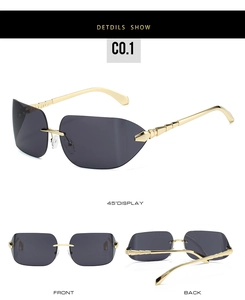 Three views of rimless sunglasses with gold snake-carved metal temples and grey lenses