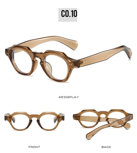Detailed views of translucent amber geometric sunglasses with model C0.10 marking