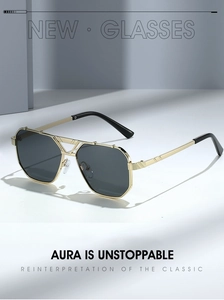 Detail of gold metal square frame sunglasses with V-shaped bridge and striped temples
