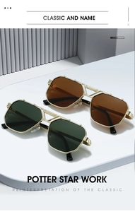Detailed macro view of square metal sunglasses with double bridge and hollow gold frames