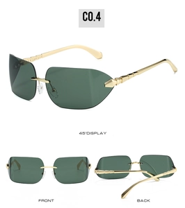 Three-angle views of rimless green oversized sunglasses with gold metal textured temples