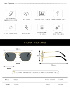 Detailed size specifications for square frame sunglasses with gold hollow metal frame