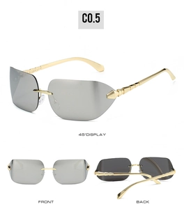 Detail of silver rimless sunglasses with gold bamboo-shaped metal temples from multiple angles