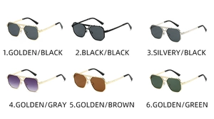 Detailed grid of six square frame sunglasses in various metallic colors and lens tints