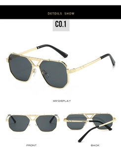 Detail view of gold metal square sunglasses with hollow frames and gradient dark lenses