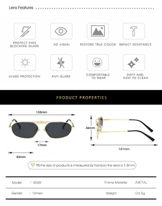 Detailed size chart for retro metal irregular polygon sunglasses with dimensions and weight