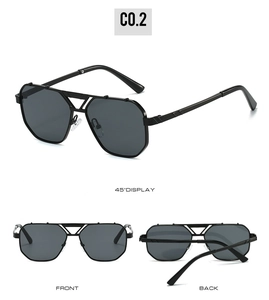 Detailed views of square metal sunglasses with hollow frame and gradient lenses
