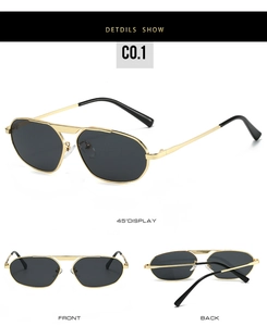 Three-way view of irregular gold metal aviator sunglasses with dark polarized lenses