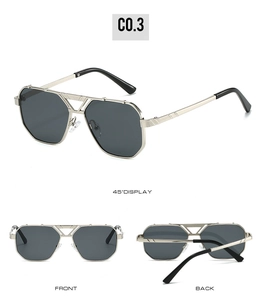 Detailed views showing the hollow frame and double bridge of square UV400 sunglasses