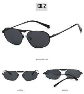 Detailed multi-angle view of black irregular polygonal metal frame sunglasses with dark lenses