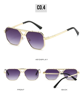 Three views of square sunglasses with hollow gold metal frame and purple gradient lenses