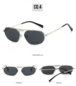 Three-way view of irregular polygonal metal frame sunglasses with dark lenses