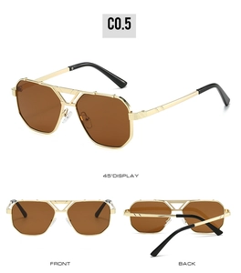 Three-angle view of gold metal aviator sunglasses with light amber lenses and cutout frame
