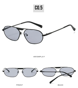 Three-angle view of aviator sunglasses with irregular metal frames and flat top lenses