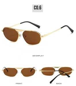 Three views of gold irregular polygon aviator sunglasses with brown gradient lenses