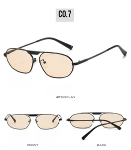 Irregular polygonal sunglasses in thin metal frames with light orange lenses, multi-angle view