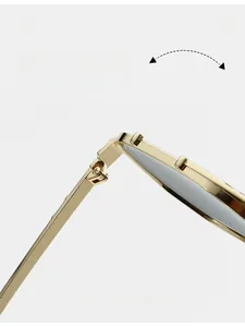 Macro detail showing durable golden metal hinge and screws of square sunglasses
