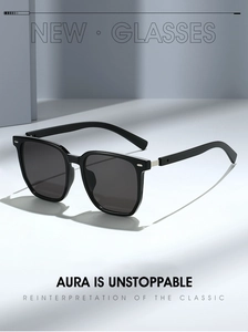 Detail of square black PC frame sunglasses with stylish silver metal rivets on the temple