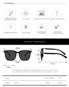 Detailed size chart for stylish square sunglasses with PC frame and UV400 measurements