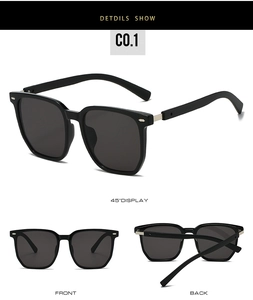 Detailed views of black thick-frame sunglasses with silver accents and dark lenses