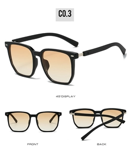 Three-view display of black square sunglasses with brown gradient lenses and metal accents