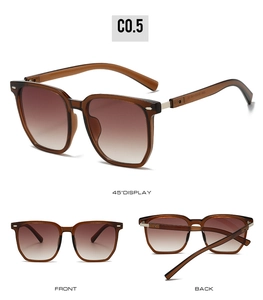 Detailed views of PC frame sunglasses with brown gradient lenses and metal hinges