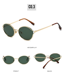 Three-way view of retro round sunglasses with gold metal frames and green lenses
